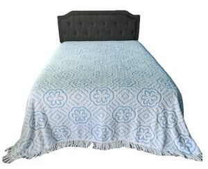 Vintage 1960s Blue & White Chenille Fringe Bedspread Queen Full